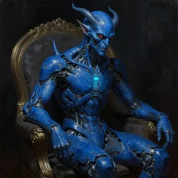 neoclassicist close - up sci - fi blue demon seated, with cyberpunk singularity body to digital interface. highly detailed fantasy science fiction painting. cyberpunk paint by vrubel. dark. high contrast. artstation