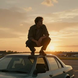 movie still of a man crouched on top of a car parked on the runway of an airport, sunset, golden hour, dramatic