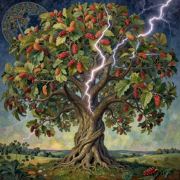 sacred mulberry tree by roger dean and andrew ferez, art forms of nature by ernst haeckel, divine chaos engine, symbolist, visionary, art nouveau, botanical fractal structures, tree of life, lightning bolts, heimat, detailed, realistic, surreality