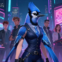 female anthropomorphic blue jay with exquisite feathers and wearing a tie and vest in a cyberpunk city at night. Neon lights. Renowned character illustration by greg rutkowski, thomas kindkade, alphonse mucha, loish, norman rockwell.
