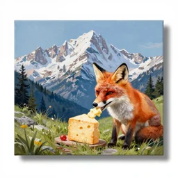 an award winning painting of a fox eating cheese on a mountai