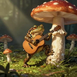 a toad playing guitar on a mushroom by jon klassen