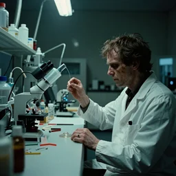 hyper detailed creepy dimly lit filmic movie like wide shot color film 3 5 mm photograph of scientist in a top secret lab taking lsd