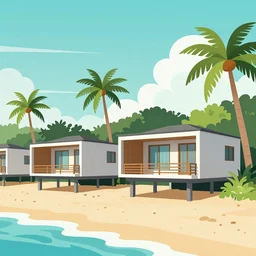 modern bungalows on island resort beach, tropical summer landscape with houses on piles with terrace, palm trees, vector art