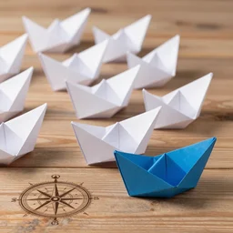 one blue paper boat leading a group of white paper boats, on a wooden table with a compass etching