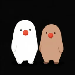 minimalist two tone creatures with clown noses on black background