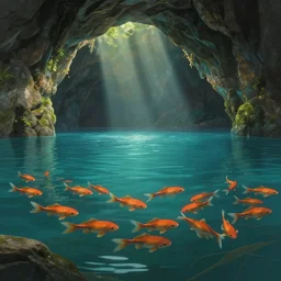 a cave lake with some orange fish swimming inside, studio ghibli, pixar style, octane render, unreal engine 5, path traced, highly detailed, high quality, 8 k, soft lighting, godrays, complementary colors, natural lighting, water parallax, serene landscape, beautiful, elegant, digital painting