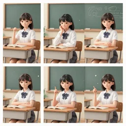 3 panel poster scene, school girl sits in a cozy school classroom - dramatic cozy 3 d poster by wlop and okuda genso. wide angle lens. featured on pixiv, anime aesthetic. pixiv, warm aesthetic, rays of light, volumetric light, artstation, vanitas, official art, gothic, noise film photo. octane render, redshift render, ue 4