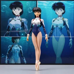 medium full shot, split pan screen, 3 / 4 portrait shonen manga poster cinematic cinestill miniature product shot of pointe posed, flight suit, motoko kusanagi as cybernetic in film still of space underwater scene
