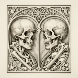 detailed realistic memento mori engraving by cameron gray and ernst haeckel, gothic ornament, skulls, bones, art nouveau, neogothic, ornate art nouveau botanicals, horizontal symmetry