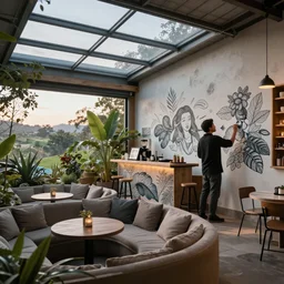 inside luxurious earthship cafe with sunken lounge and indoor garden with skylights, barista and artist painting an alex grey mural on the wall, XF IQ4, 150MP, 50mm, F1.4, ISO 200, 1/160s, dawn