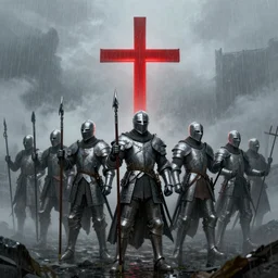 Templars singing in the rain, going on a crusade, digital art in the style of Hachmyta, rainy, foggy, red cross, high details, trending on artstation, epic