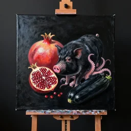 painting of a black painted canvas, on an easel in a dark room with black walls, pomegranate, a black pig, octopus, black courgettes, oil on canvas