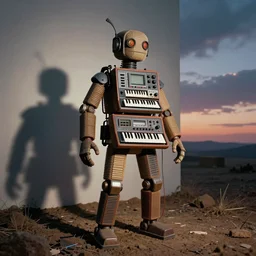 1980s photograph of a humanoid creature made of 80s synthesizers