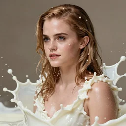 emma watson wearing a risque outfit made from splashes of milk, half body portrait, greg kutkowski, sharp details, soft lighting, subsurface scattering, pearls of sweat, glistening skin, warm lighting