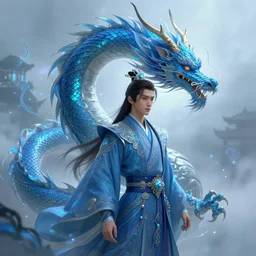 a hybrid exquisite complex the azure dragon in the east in the fog of magic light, black hair, handsome prince, digital painting, artstation, concept art, smooth, sharp focus, illustration, oriental, art by artgerm and greg rutkowski and alphonse mucha, 8 k