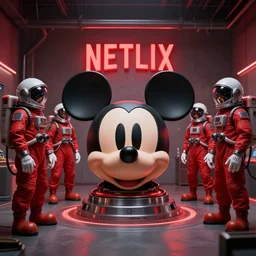 futuristic mechanics in red suits wearing astronaut helmets, surrounding a huge mickey mouse doll head in the center of the room! red netflix neon office sign in background, beeple!!, minimal, movie still in in private car garage, dystopian