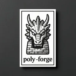 high quality simplified rectangular logo of a medieval stone blacksmith forge shaped like a realistic dragon head looking at viewer, for a company called poly - forge, symmetrical!!!, award winning, art deco!!!!!! by milton glaser