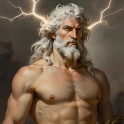 painted portrait of rugged zeus, god of thunder, greek god, white hair, masculine, mature, handsome, upper body, warm, virile, muscular, hairy chest, fantasy, intricate, elegant, highly detailed, digital painting, artstation, concept art, smooth, sharp focus, illustration, art by gaston bussiere and alphonse mucha