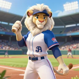 beautiful portrait of a female anthropomorphic albino lioness fursona baseball player at a baseball stadium. character design by disney, charlie bowater, ross tran, artgerm, and makoto shinkai, detailed, soft lighting, rendered in octane