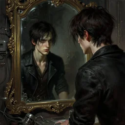 a epic norman rockwell painting portrait of a emo looking at the mirror that is not him in a dark liminal space room, gritty tech, deep focus, fantasy, intricate, elegant, highly detailed, digital painting, artstation, concept art, matte, sharp focus, illustration, dark fantasy style art, resident evil, art by artgerm and greg rutkowski and alphonse mucha