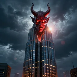 portrait art of a skyscraper owned by the devil, a storm in the background, moody lighting, lens flare, atmosphere, glow, detailed,intricate, full of colour, cinematic lighting, trending on artstation, 4k, hyperrealistic, focused, extreme details,unreal engine 5, cinematic, masterpiece