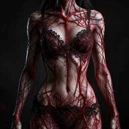 gothic female body dressed in intricate net of blood vessels and lace, hyper detailed, dark background, backlit, c 4 d, octane, hyper realism render, beautiful, gothic, contrast, 8 k