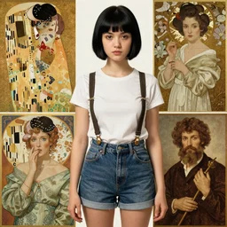 a girl with black hair pixie cut in shorts with suspenders drawn by toshiaki mori, norman rockwell, frank frazetta, peter paul rubens, alphonse mucha, gustav klimt 4k, unreal 5, DAZ, trending on artstation, octane render, hyperrealistic