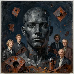 portrait of a monumentally sized human figure with a face, vantablack cloth technology, night, rusty shapes, biotechnology, dariusz zawadzki, tim hildebrandt, wayne barlow, bruce pennington, larry elmore, oil on canvas, deep depth field, masterpiece, cinematic composition, hyperdetailed, hd, hdr