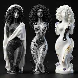 3 d liquid simulation, black ink, octane render, xparticles, abstract female bodies, intricate curly patterns, female face model mixing in white blanket, white carved abstract sculpture, amethyst mineral quartz sculpt, swirly curls, abstract white fluid, golden edges and fractals, wasili kandinski, artstation, render, cinema 4 d, art noveau fresco, liquid acrylic painting