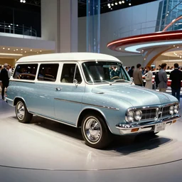 retrofuturistic gm oldsmobile firebird space van of the future inspired by streamlined spaceship coupe design, designed by Gordon Buehrig, 1960s american world's fair, press photograph