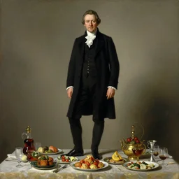 portrait of a respectable dignified royal business elite politician standing on top of a finely set table calmly stepping in the food art by anders zorn, wonderful masterpiece by greg rutkowski, beautiful cinematic light, american romanticism by greg manchess, jessica rossier