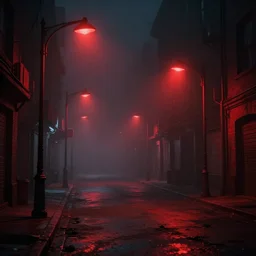 night street with red light lamps, gloomy and foggy atmosphere, octane render, artstation trending, horror scene, highly detailded