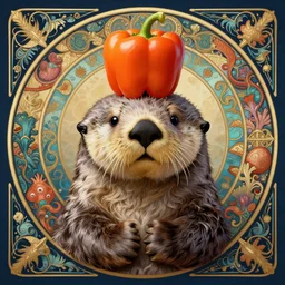a picture of a sea otter with an orange bell pepper on its head, full portrait, decorated with oceanic motifs, intricate, elegant, highly detailed, symmetry, headpiece, digital painting, artstation concept art smooth sharp focus, illustration, art by artgerm and greg rutkowski alphonse mucha 8 k