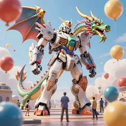 a beautiful hyperrealistic ultradetailed 3D render of a gigantic mecha guarding a dragon, by brian sum and stephen martiniere and Antonio Manzanedo:3|mech, dragon, unreal engine, octane render, PBR, 3D, brilliantly colored, intricate, wide angle, volumetric lighting, polished, path tracing, |people, sphere, balloon, blurry, blur, depth of field, dof, bokeh, low quality, obscured, macro, jpeg artifacts