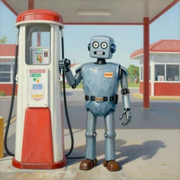 a ralph steadman painting of a robot wearing a uniform pumping gas at an old-time gas station