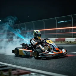 go - kart racer taking a corner at speed on a race track, motion blur, laser, smoke, debris, fast movement, artistic angle, light streaks, dark mood, night time, octane render, intricate detail, teal and orange colour palette