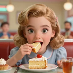 closeup face portrait of a tin toy anya taylor - joy eating cakes in a 1 9 5 0 s diner, by nicoletta ceccoli, mark ryden, lostfish, max fleischer, depth of field, detailed and intricate environment, 8 k resolution, hyperrealistic, octane render