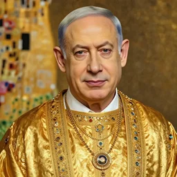 a portrait of benjamin netanyahu wearing gold garbs and jewels, by gustave klimt