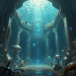 symmetric!! octane render, epic, steampunk passageway to another dimension in the deep sea, surreal, aqua blue, huge ， highly detailed, artstation, smooth,, smooth, sharp focus, illustration, warm top light ， concept art by raphael lacoste ， artgerm and john berkey, dream, digital painting, artstation, 8 k