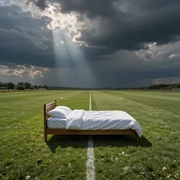bed in the middle of a football field