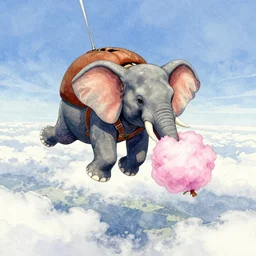skydiving elephant eating cotton candy water color painting kraft singles