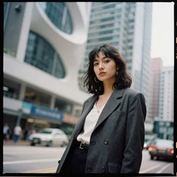 kodak portra 4 0 0, 8 k, highly detailed, focus on 1 9 9 0 s fashion model, tilt shift zaha hadid style background : famous blade runner remake, kowloon city scene