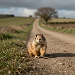 prairie dog walking toward the camera, an english country lane in the background