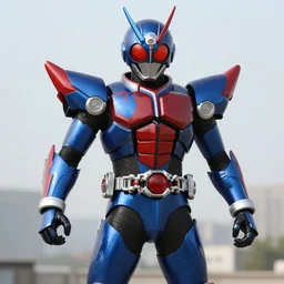High Fantasy Kamen Rider, blue armor with red secondary color, 4k, glowing eyes, daytime, rubber suit, dragon inspired armor, Guyver Dark Hero armor