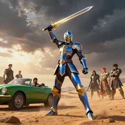 wide angle, 3 / 4 ths key light, telephoto lens, action pose, blue and gold knight in desert standing next to green car, he holds a gold sword to the sky, storm clouds, sunset, sci fi digital painting, unreal engine 5, photorealism, hd quality, 8 k resolution, cinema 4 d, 3 d, cinematic, professional photography, art by artgerm and greg rutkowski and alphonse mucha and loish and wlop, berserk, manga