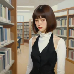 painting of a stern young asian woman with brown hair in a bob cut with blunt bangs. her eyes are red, she wears a black halter vest over a long - sleeve white shirt with a turtleneck, strudying at a modern library by jeremy mann, stylized, detailed, realistic, loose brush strokes