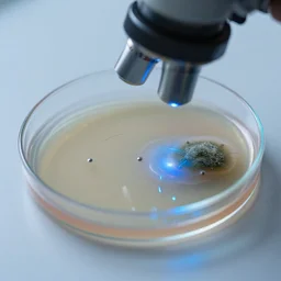 natural light, soft focus photo of petri dish with a bacteriological culture and mold with little filaments under the microscope, octane render, tilt shift, polaeized light, blue bioluminescent plastics, piercings, by annie leibovitz, paul lehr