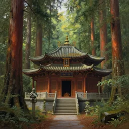 a beautiful buddhist sanctuary in a redwood forest, art by albert bierstadt and greg rutkowski, hyperrealism, peaceful ☸ 🕉