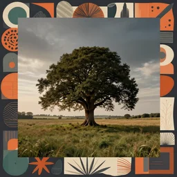 a single ancient tree flat graphic in the middle of a vast field in the countryside of england, a magical tree, dramatic lighting, aesthetic, disturbing, rule of thirds, clever design, decorative modern graphic design collage border, by hannah hoch and jesse treece and christian jackson and josh brill